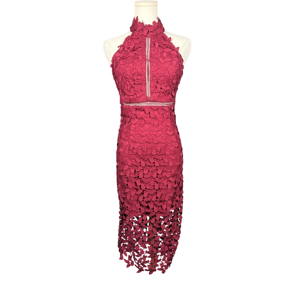 Bardot Floral Guipure Lace Halter Burgundy Midi Dress Womens US 4 XS